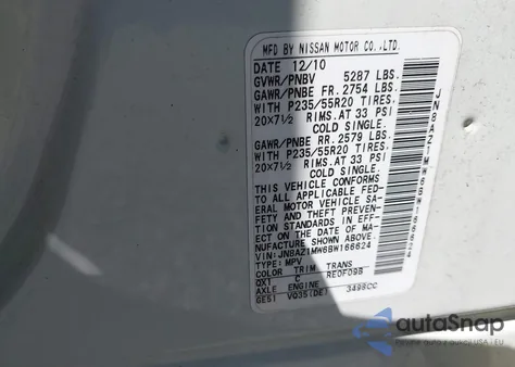 2011 Nissan Murano Le from USA, damaged, VIN JN8AZ1MW6BW166624